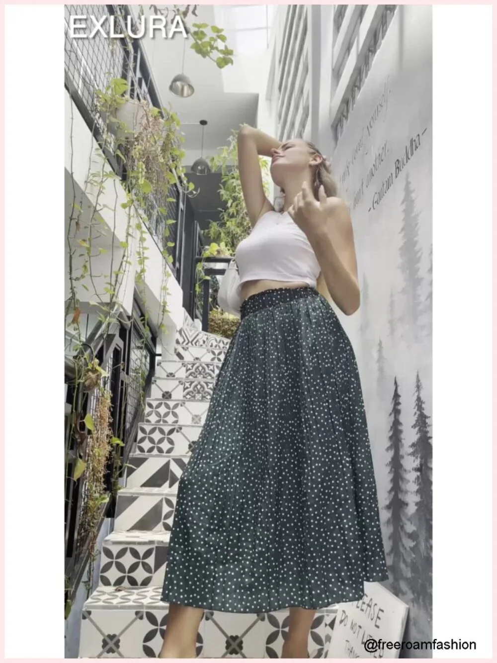 High Waist Polka Dot Pleated Maxi Midi Swing Skirt with Pockets